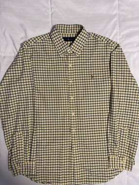 Men's Yellow, White & Navy Checkered Button-Down Shirt